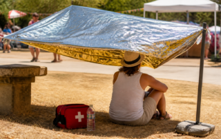 Couverture de survie utilisee comme ecran thermique pendant une canicule