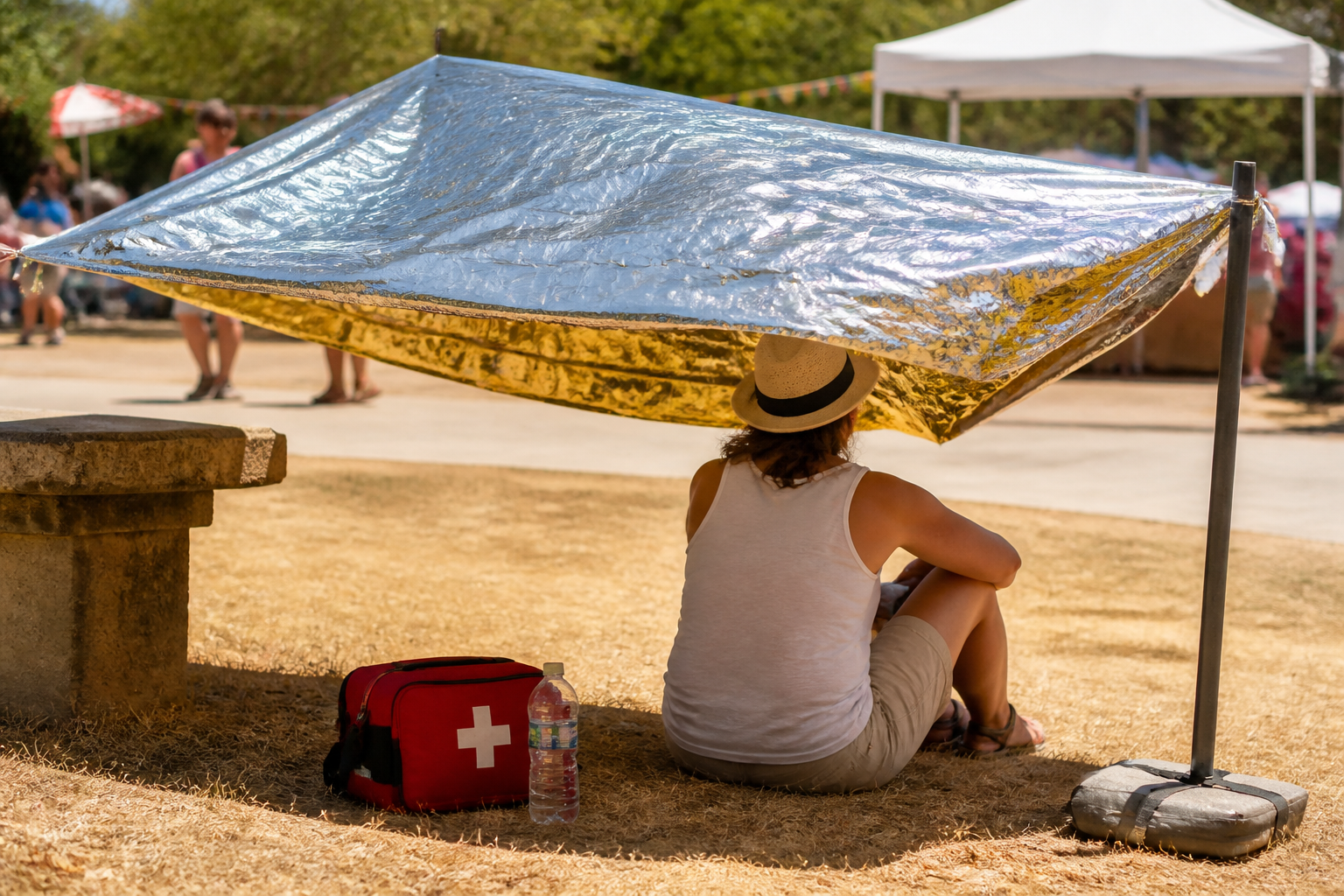 Couverture de survie utilisée comme écran thermique pendant une canicule