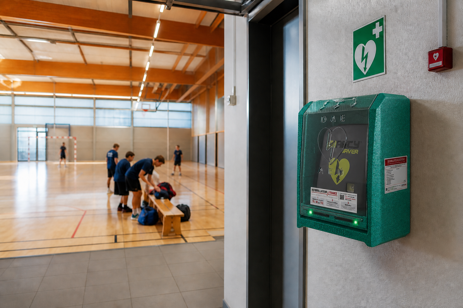 Défibrillateur installé dans un gymnase avant la rentrée sportive