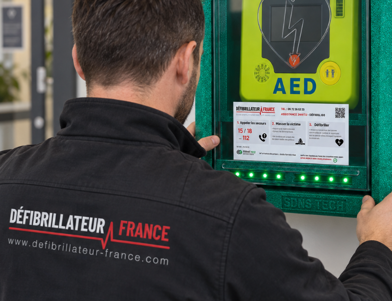 Technicien Défibrillateur France vérifiant un défibrillateur automatisé externe dans son coffret