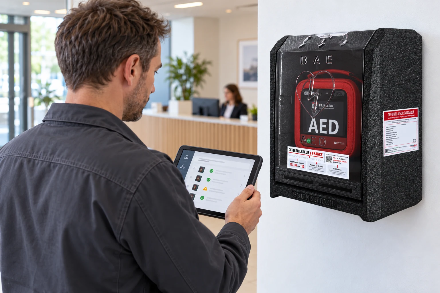 Technicien consultant une tablette près d’un défibrillateur Primedic rouge dans son coffret mural noir