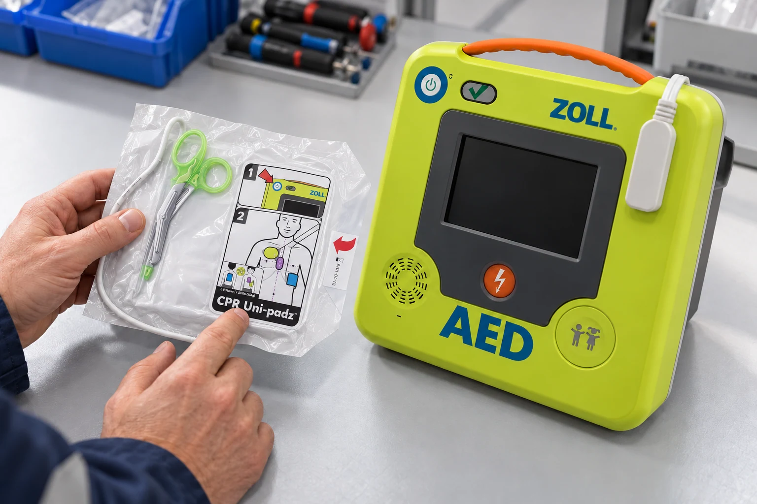 Contrôle de l’étiquette d’un sachet d’électrodes CPR Uni-padz à côté d’un défibrillateur ZOLL AED 3 en atelier